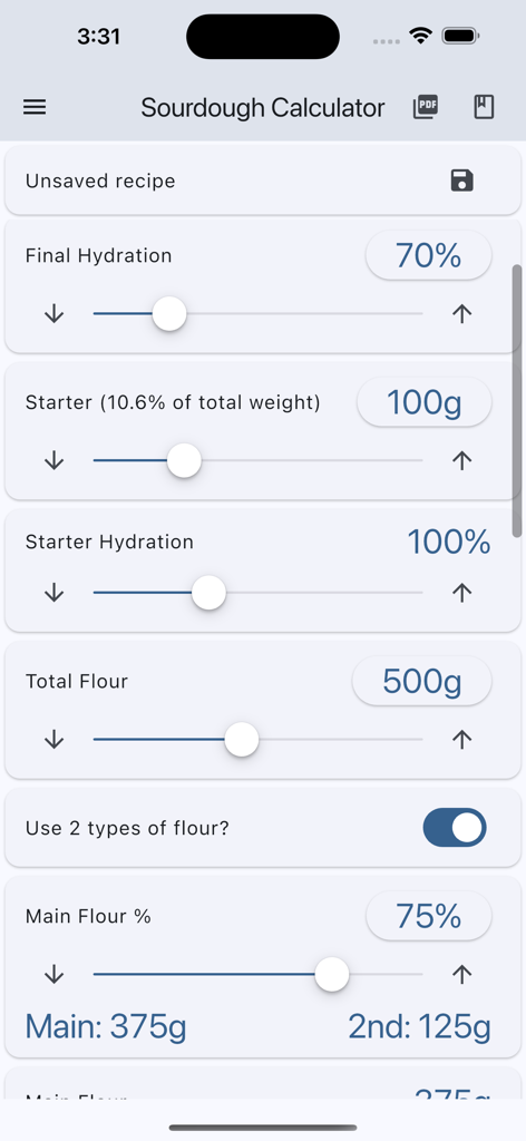 Interfaz de la aplicación Calculadora de Hidratación de Masa Madre mostrando deslizadores para ajustar la hidratación, el peso de la masa madre y los porcentajes de harina para hornear pan.