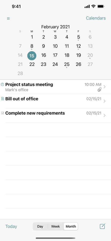 GW Mailbox App-Oberfläche mit einem Monatskalender und einem professionellen Besprechungsplan