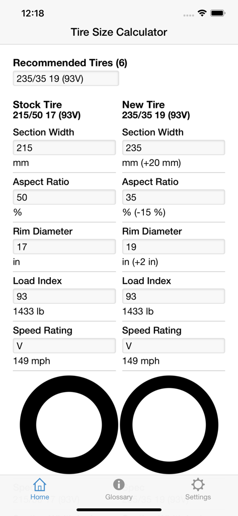 タイヤサイズ計算機アプリのインターフェースで、標準と新しいタイヤの仕様を並べて比較