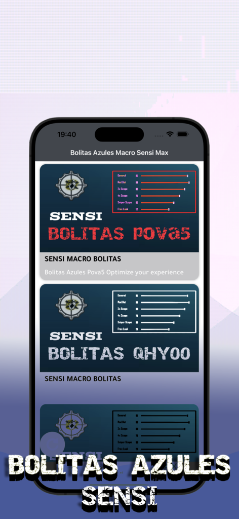 Bolitas Azules Macro-Sensi Max - Interfaz de Bolitas Azules Macro-Sensi Max mostrando preajustes de sensibilidad para optimización de juegos