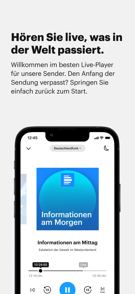 Deutschlandfunk - ドイツのニュースコンテンツを含むライブラジオプレーヤーを表示するiPhone上のDeutschlandfunkアプリインターフェース