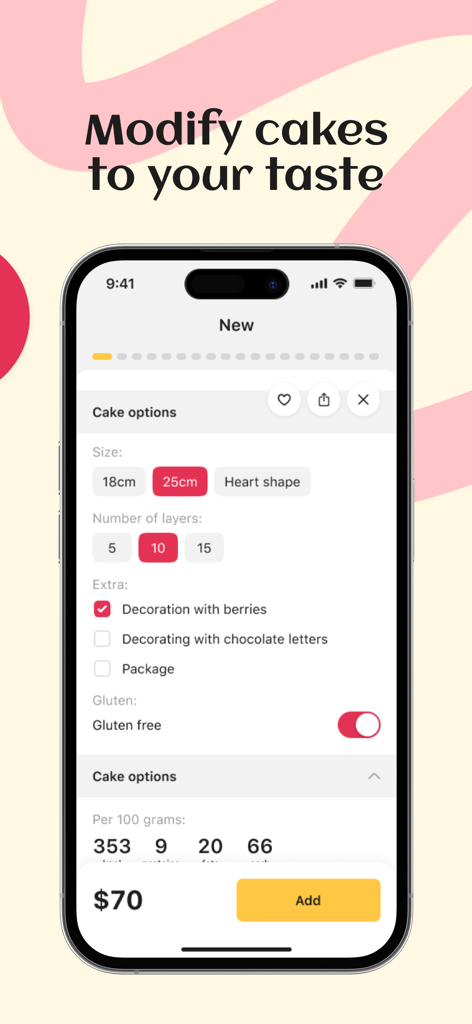 Mobile app interface of Marys Bakery showing cake customization options like size number of layers and toppings