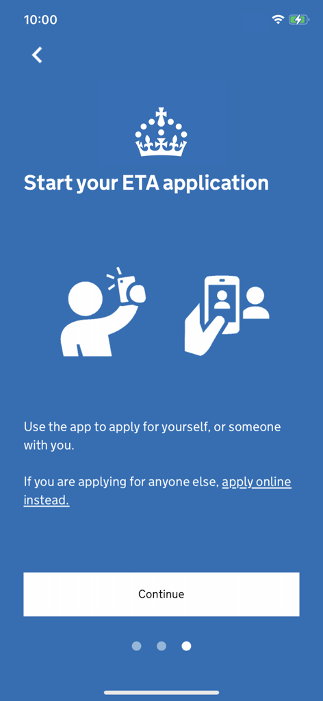 The start screen of the UK ETA app with instructions to begin the travel authorisation process