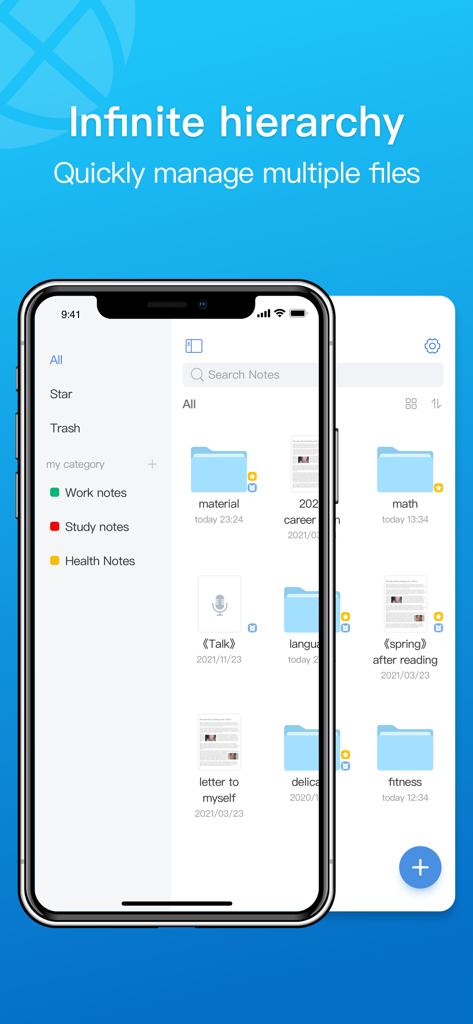 Notehot - notes&voice text - Interfaz de la aplicación Notehot que muestra la organización de carpetas y la jerarquía de archivos para gestionar notas de estudio y trabajo.