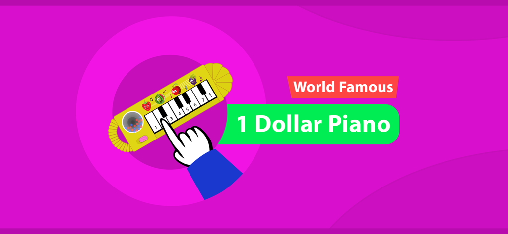1 Dollar Piano - Cartoon yellow toy piano with fruit icons on a pink background for the 1 Dollar Piano app
