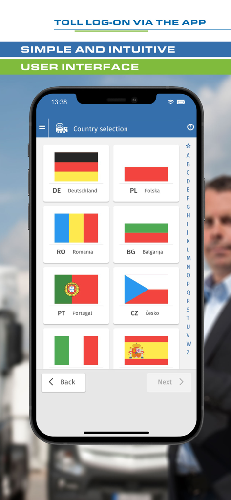 Toll Collect app interface showing a country selection screen with European flags for truck toll booking