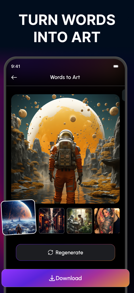 AI image generator - Maker - AI Image Generator app interface showing a digital artwork of an astronaut on an alien planet with buttons to regenerate or download.