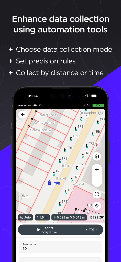 Smartphone screen displaying Emlid Flow app with automated data collection points on a topographic map