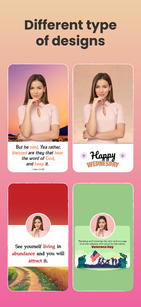 Four examples of personalized social media status designs including motivational and religious quotes with user photos.