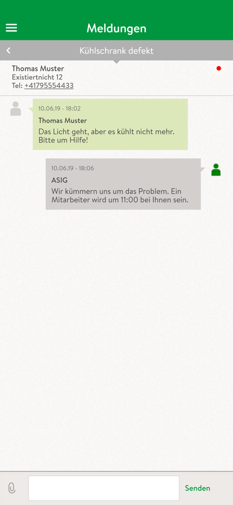 ASIG Wohngenossenschaft - Pantalla de chat para reportar incidencias de mantenimiento en la aplicación ASIG Wohngenossenschaft