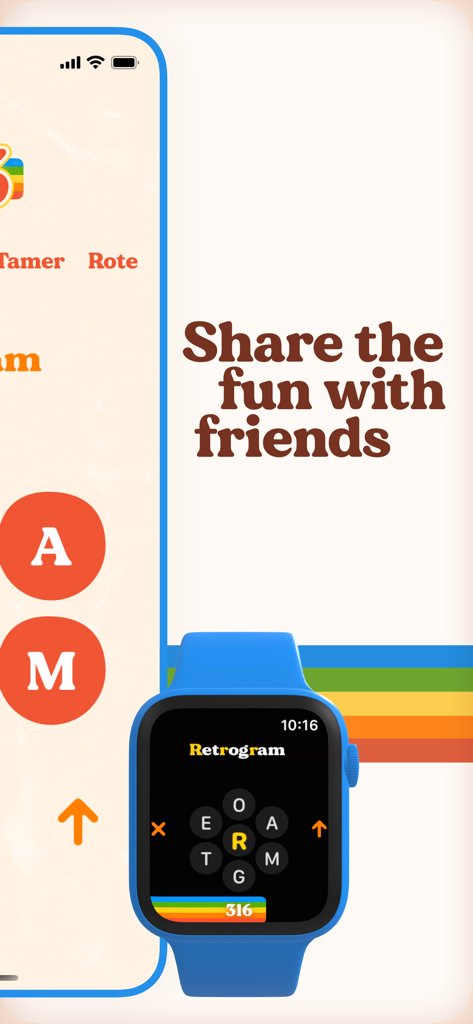 Retrogram - Retrogram word puzzle app interface shown on an Apple Watch and iPhone
