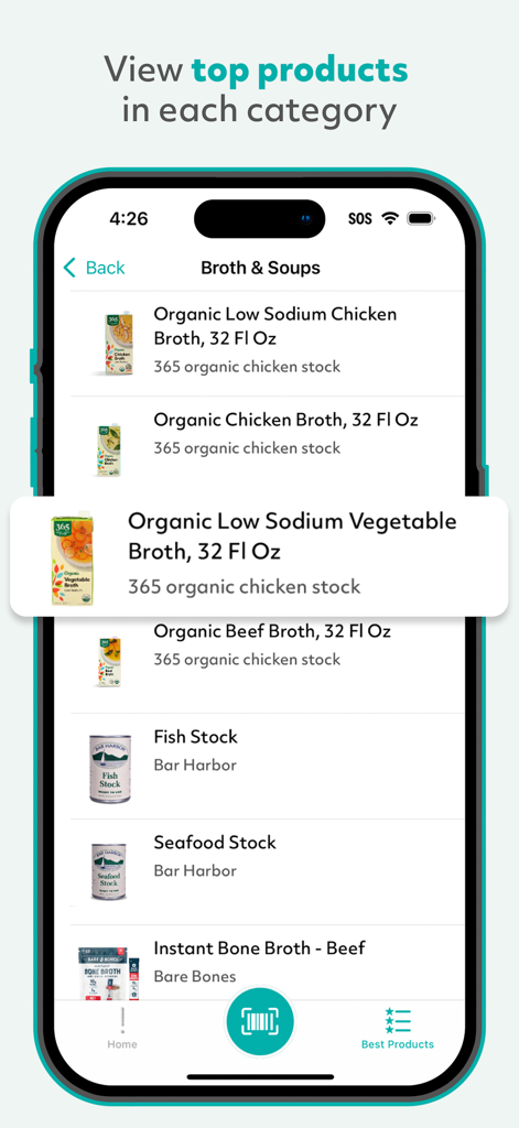 A list of healthy broth and soup products within the Read the Labels app category view