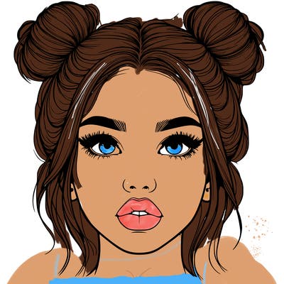 realistic girl with two buns on her hair and lips