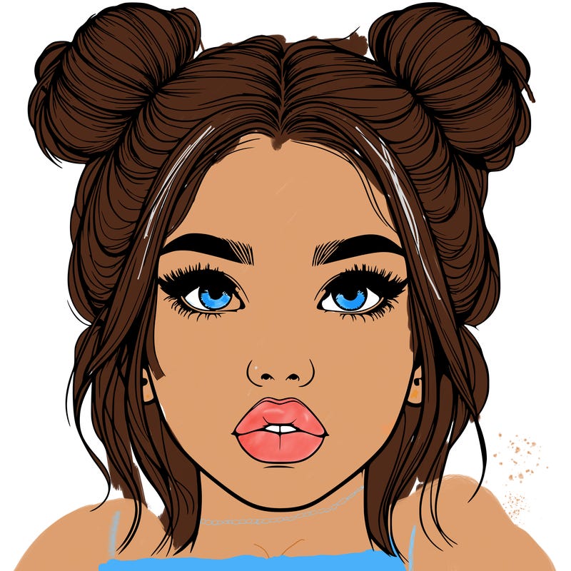 realistic girl with two buns on her hair and lips