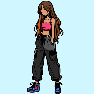 girl in baggy pants crop top and long hair