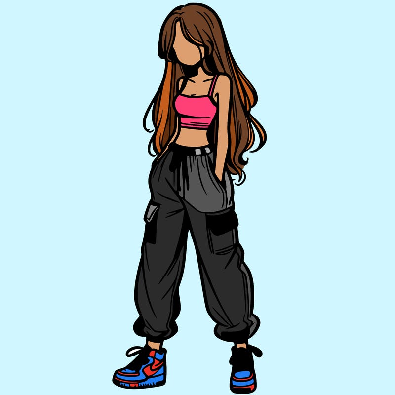 girl in baggy pants crop top and long hair