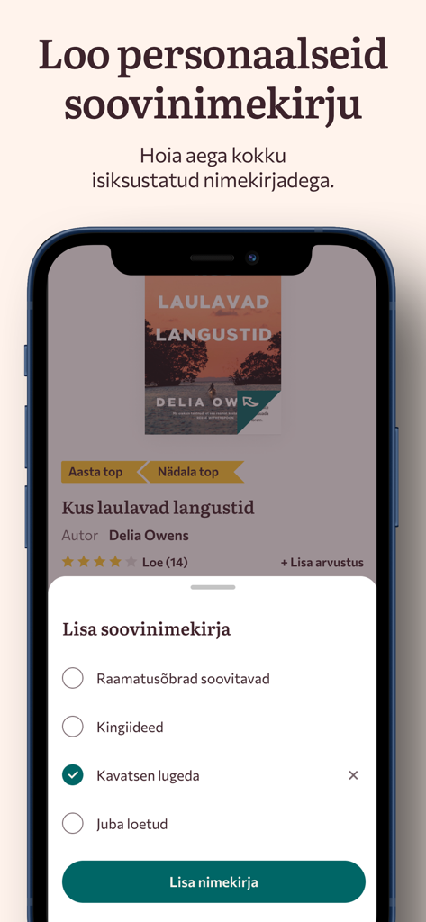 Rahva Raamat mobile app interface showing the creation of personalized book wishlists