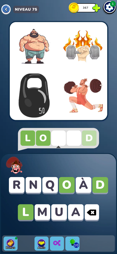Mobile game interface of 4 Images 1 Mot featuring a word puzzle with weightlifting pictures and letter tiles