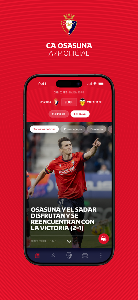 Osasuna Official App - 클럽 뉴스와 경기 정보를 특징으로 하는 오사수나 공식 앱의 홈 화면