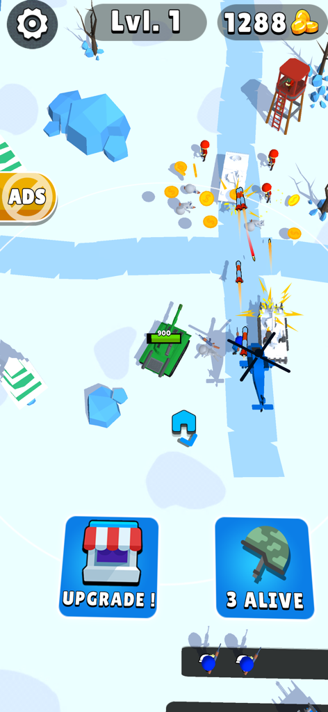 Top-down view of a green tank and helicopter attacking enemies on a snowy battlefield.