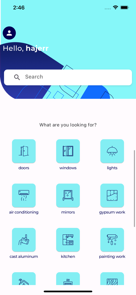 Quotation | كوتيشن - Mobile app home screen showing service categories like air conditioning and kitchen renovation