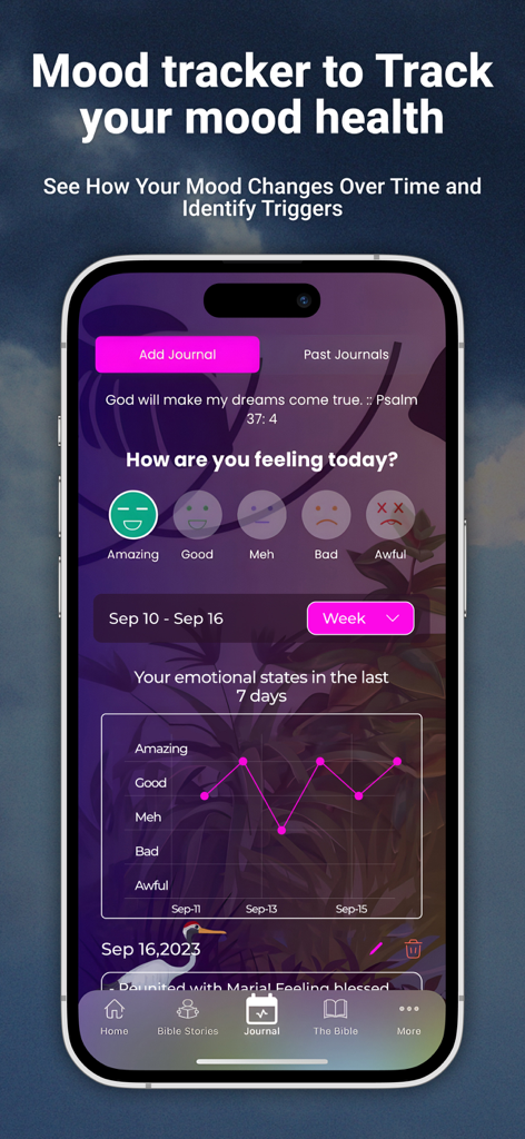Gratitude - Christian Journal - Una interfaz de aplicación móvil para rastrear los estados de ánimo diarios con emojis emocionales y un gráfico de progreso semanal.