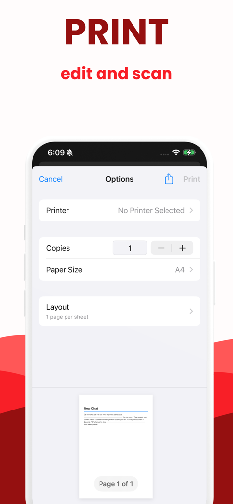 プリンターの選択、部数、用紙サイズなどの印刷オプションが表示されたWrite on PDFアプリのモバイルインターフェース。