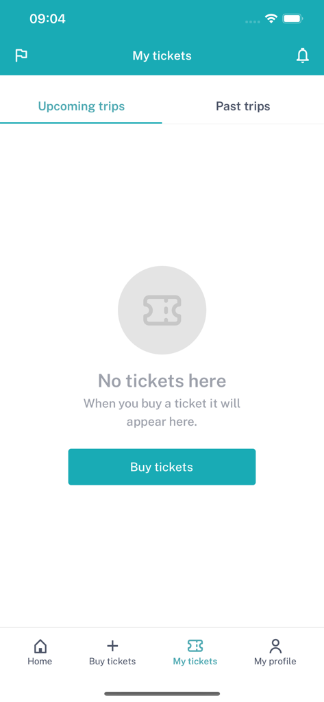 Écran de la section Mes Billets de l'application mobile TP Line avec un état vide et un bouton pour acheter des billets