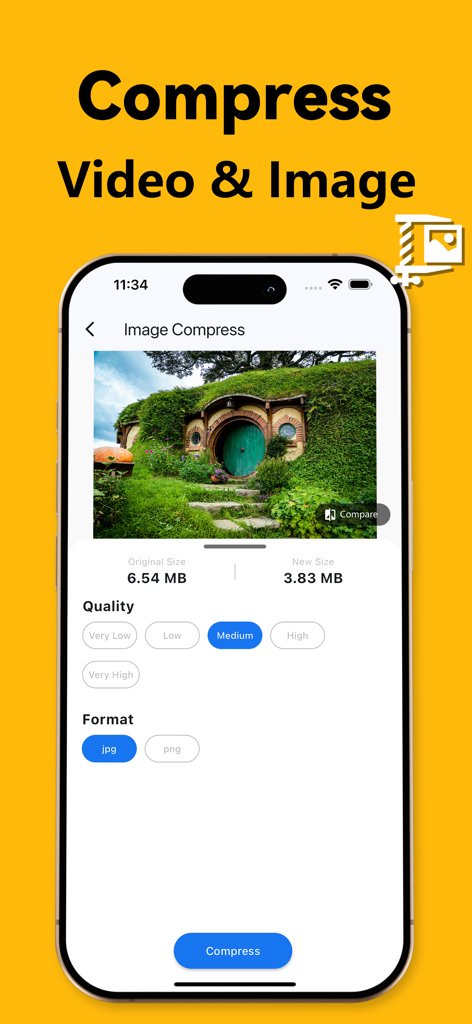 RAR & Zip Extractor - AS Unzip - Screenshot der AS Unzip-App, der eine Bildkomprimierungsfunktion zeigt, die die Größe eines Fotos von 6,54 MB auf 3,83 MB reduziert.