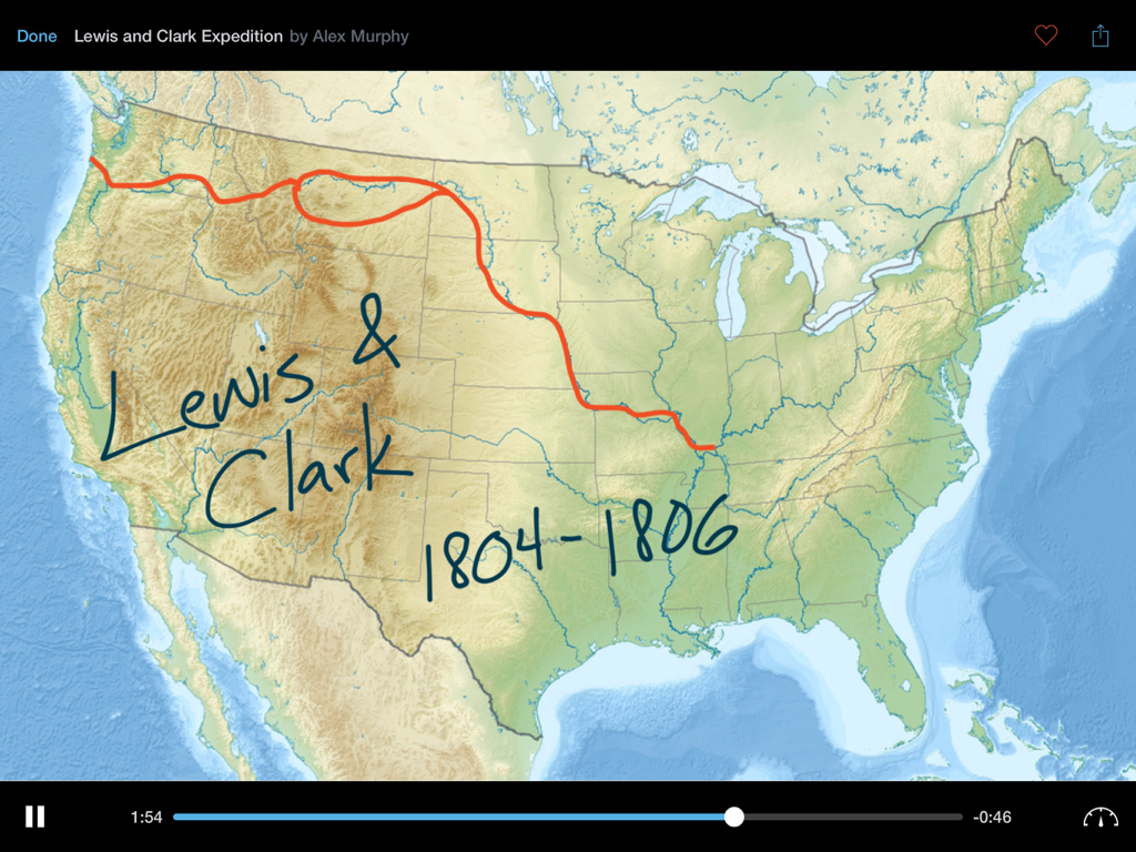 Educreations Whiteboard - A narrated history lesson on the Educreations Whiteboard app showing handwritten annotations on a US map tracing the Lewis and Clark expedition.