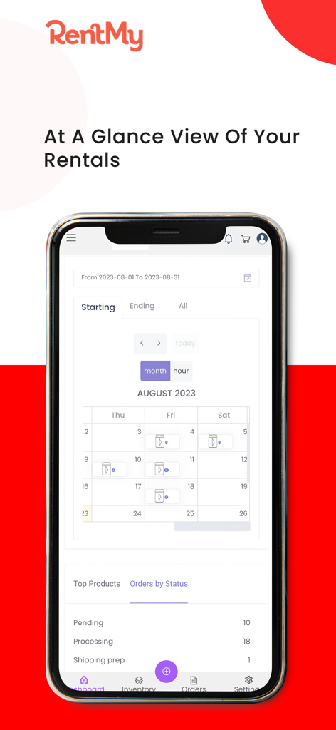 RentMy Rental Software - RentMy mobile App Dashboard mit Vermietungskalender und Bestellstatus