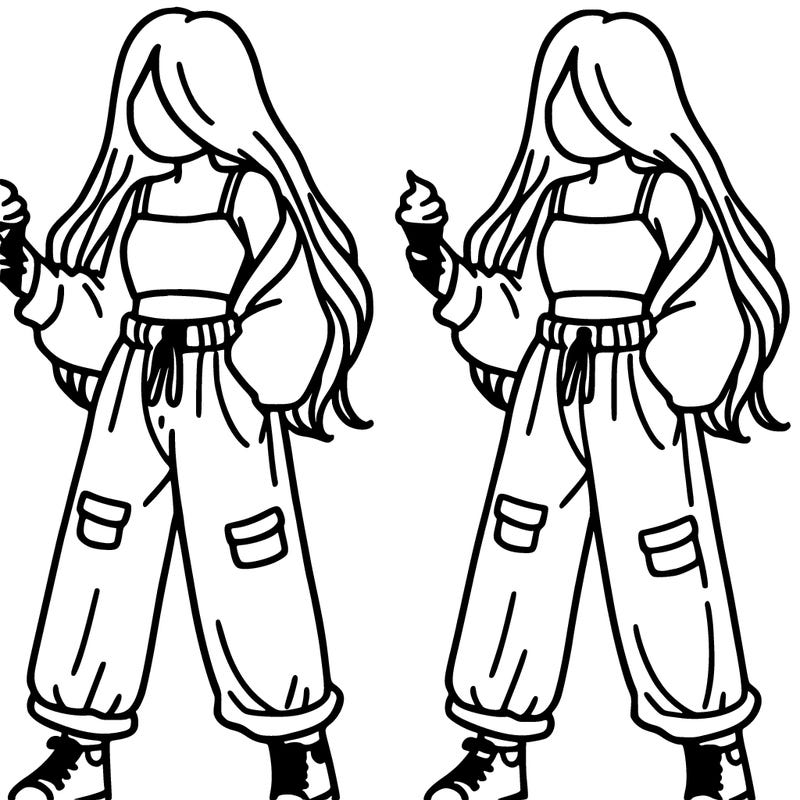 baggy pants crop top long hair holding ice cream