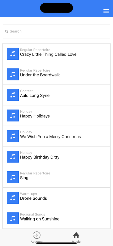 Playback Genius app interface showing a list of choral songs and learning tracks organized by categories