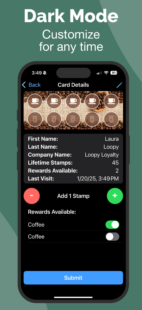 Loopy Loyalty Stamper app in dark mode showing customer loyalty card details and stamp management