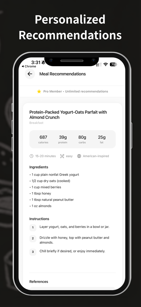Caloo - Track Your Calories - Caloo app screen displaying a personalized healthy recipe with calorie and macronutrient details