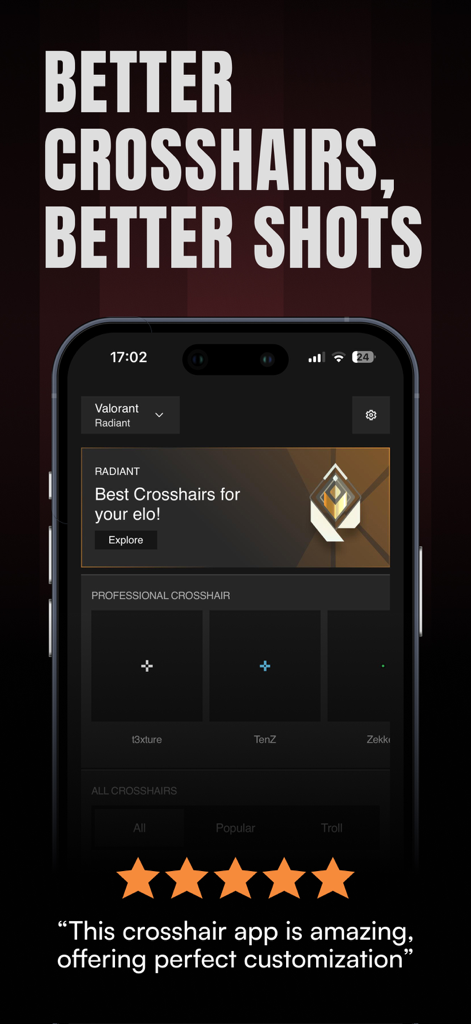 Crosshair X: Custom Aim v2 - Interfaz de la aplicación Crosshair X que muestra preajustes de mira profesionales de Valorant y recomendaciones basadas en rango para tiradores competitivos