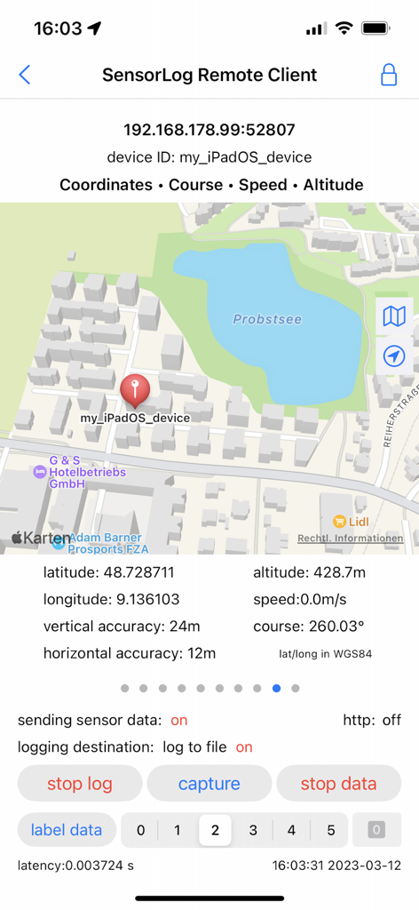 SensorLog - SensorLog app interface showing remote client GPS tracking with map and coordinates