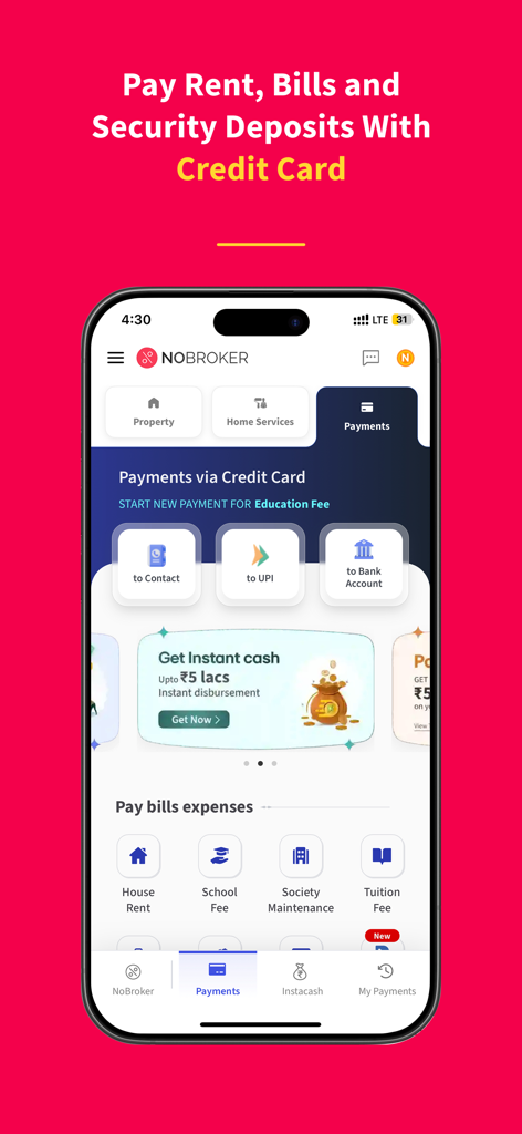 NoBroker Rent, Buy, Sell Flats - Captura de pantalla de la pantalla de pagos de la aplicación NoBroker mostrando opciones para pagar el alquiler y facturas con tarjeta de crédito