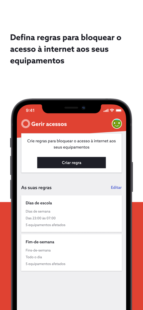 NOS Net app screen for managing internet access rules and blocking devices by schedule