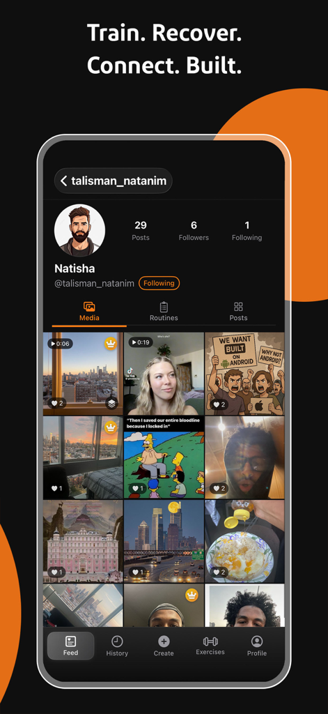 Built Workout - Built Workoutアプリのユーザープロフィールの画面。共有メディアとソーシャルフォロワーの統計を表示