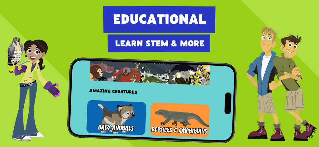 PBS KIDS Video - PBS KIDS Video app screen featuring Wild Kratts characters and educational STEM categories for children