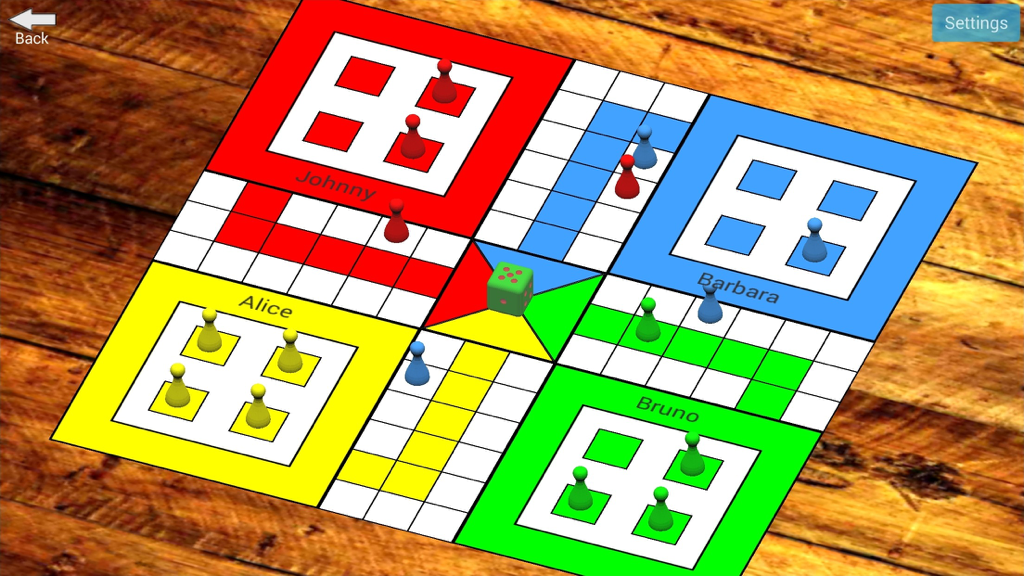 Ludo Pachisi - Gameplay of Ludo Pachisi board game featuring four players and a central dice on a wooden background
