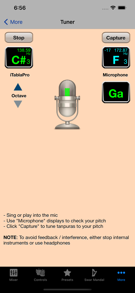 iTablaPro - iTablaPro app screenshot showing the integrated auto-tuner feature with pitch display and microphone input