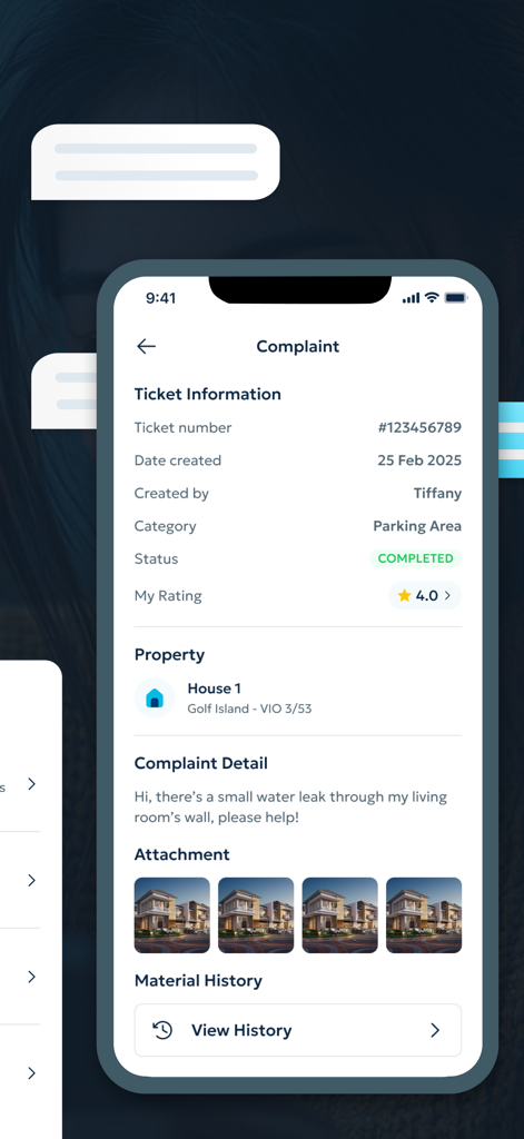 Aplicativo Sedayu One City mostrando um ticket de reclamação de manutenção concluído para uma propriedade.