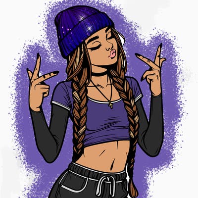 realistic teenage girl with braids and a beanie and crop top doing 🫶🏼
