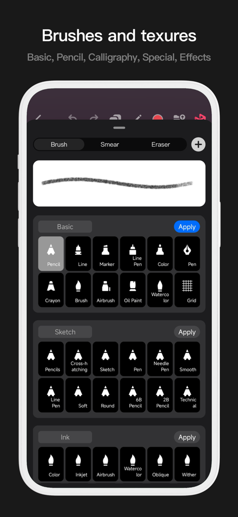Pofi Brush - Sketch & Paint - Mobile interface of Pofi Brush showing a library of digital art brushes including pencils, ink, and watercolor tools.