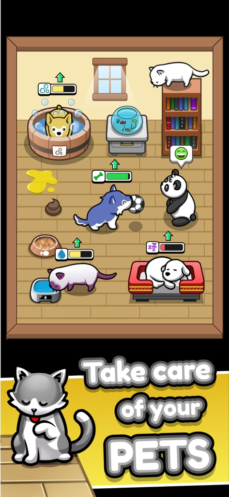 Pet Idle - Gameplay screenshot of Pet Idle showing various pets like cats, dogs, and a panda being nurtured in a virtual home