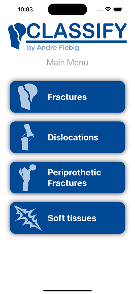 Classify - FractureCode - Main menu of the Classify app featuring categories for fractures dislocations and soft tissue damage classification