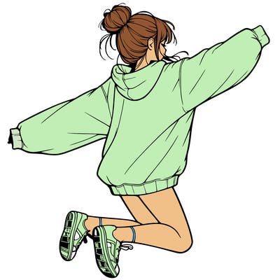 realistic girl jumping with a bun and oversized sweatshirt