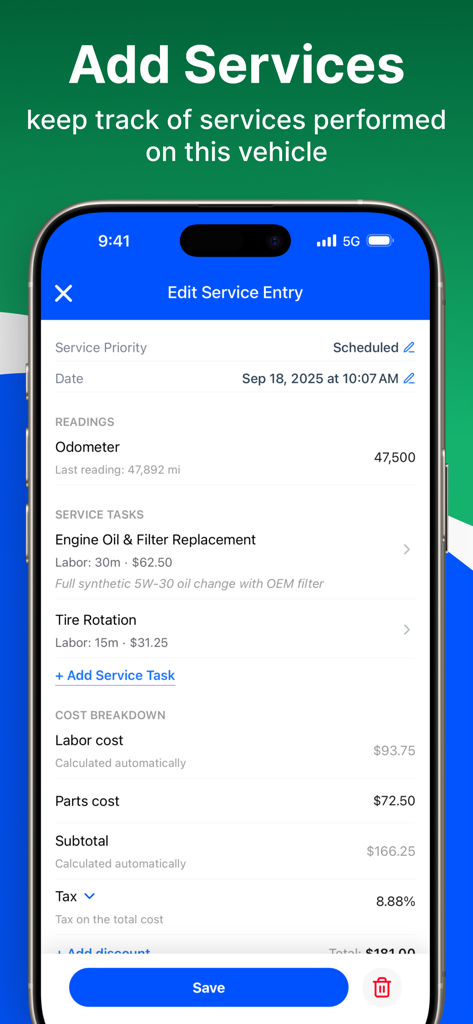 Plate Lookup: VIN Check - Mobile app screen for adding vehicle service records including maintenance tasks labor costs and parts expenses